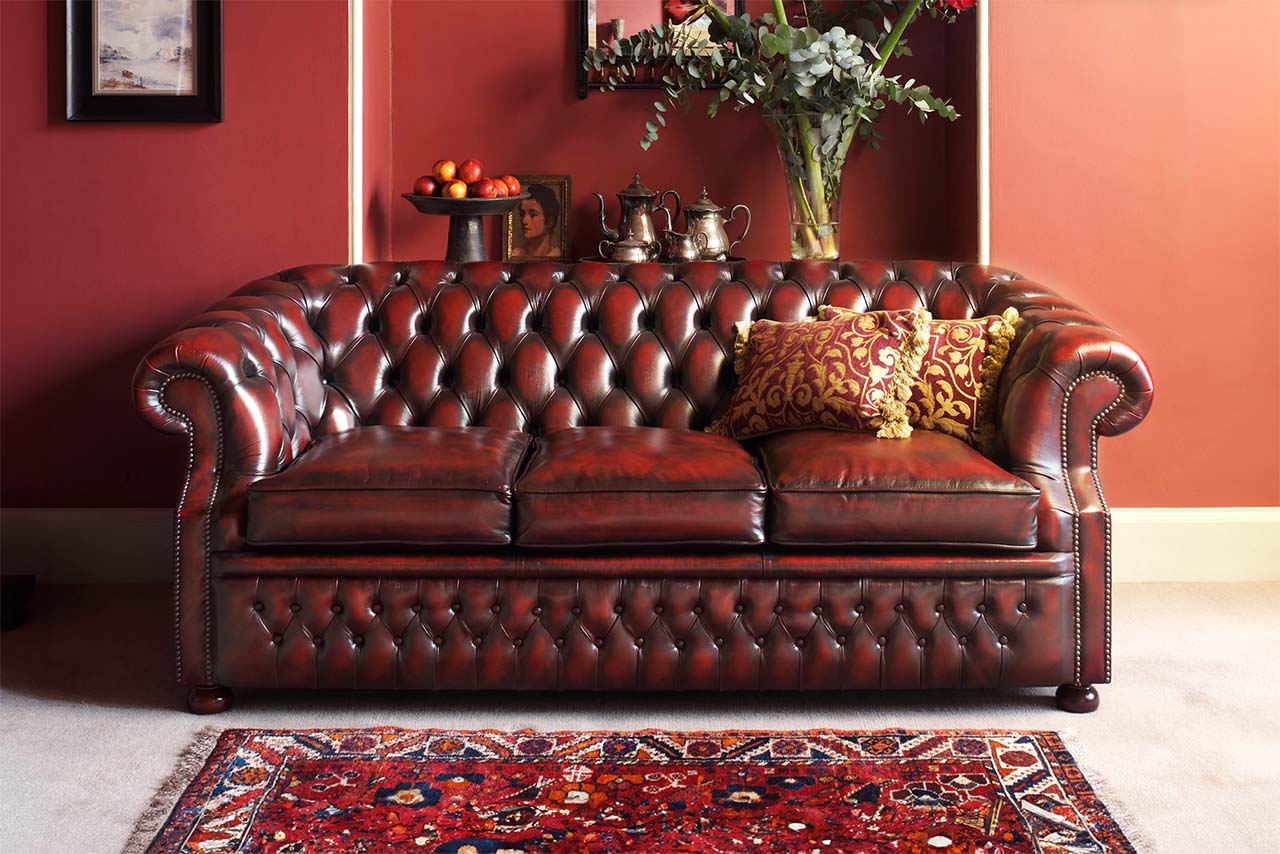 Graham Classic Red Antiqued Leather 3 Seater Sofa