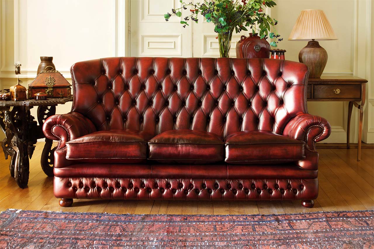 Howland Classic Red Antiqued Leather 3 Seater Chesterfield Sofa
