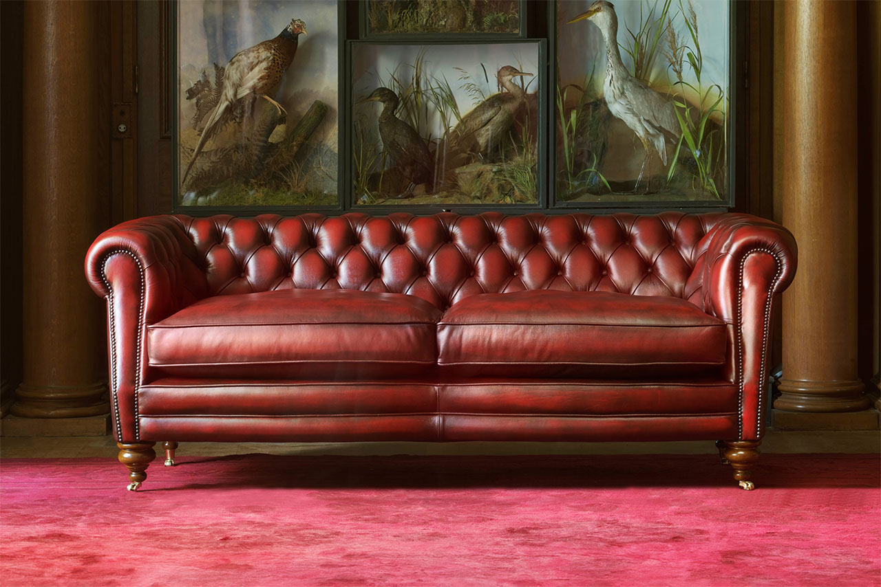 Sebastian Classic Red Antiqued Leather 3 Seater Chesterfield Sofa