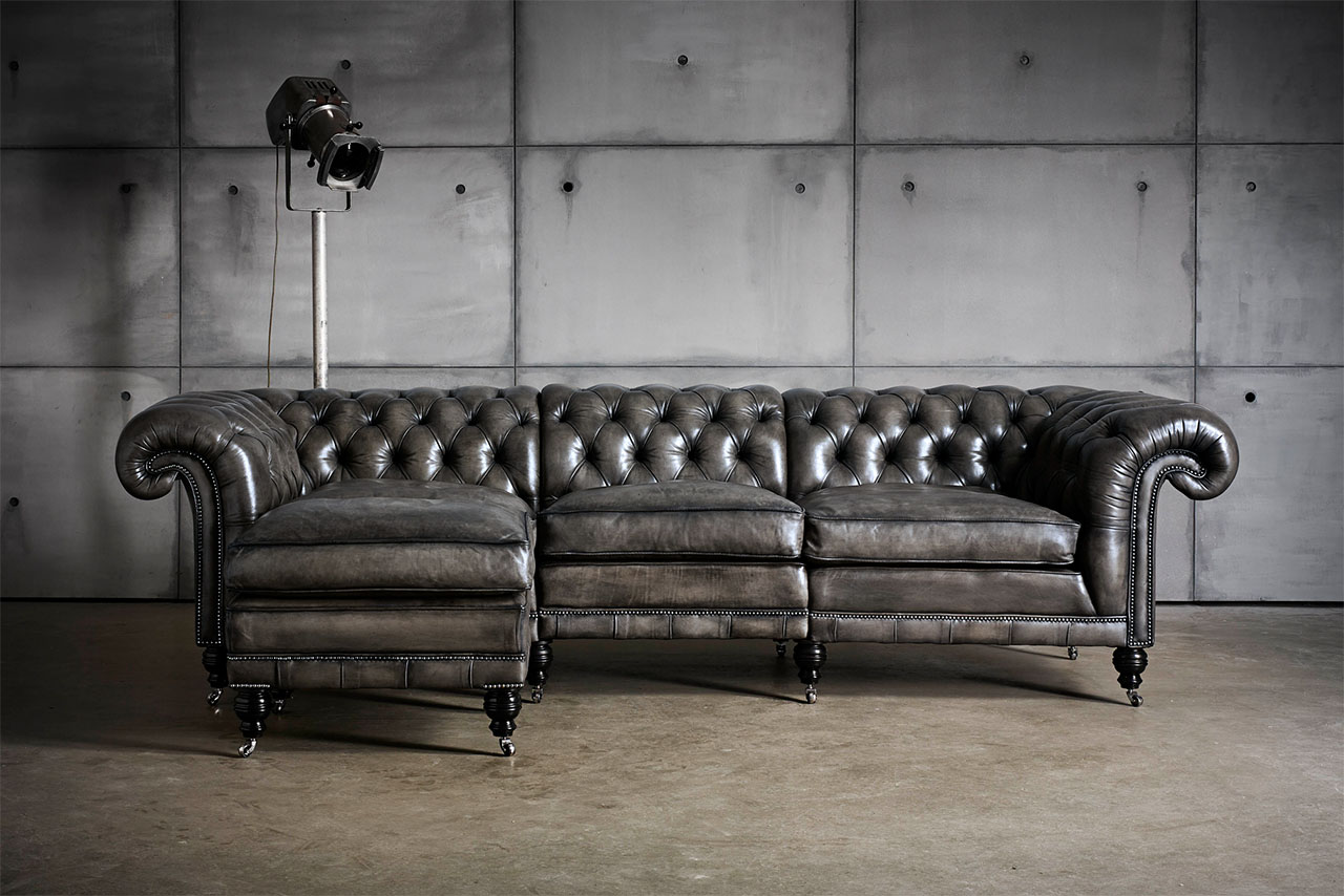Samuel Johnson Grey Sectional Hand-coloured leather Chesterfield Sofa