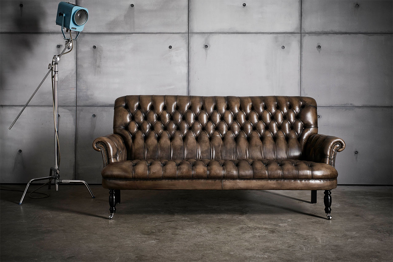 David Hume 3 seater hand coloured small leather tufted sofa