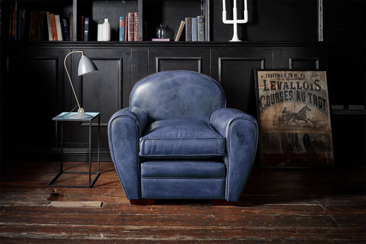 Bowler Hand-Coloured Leather Blue Club Chair