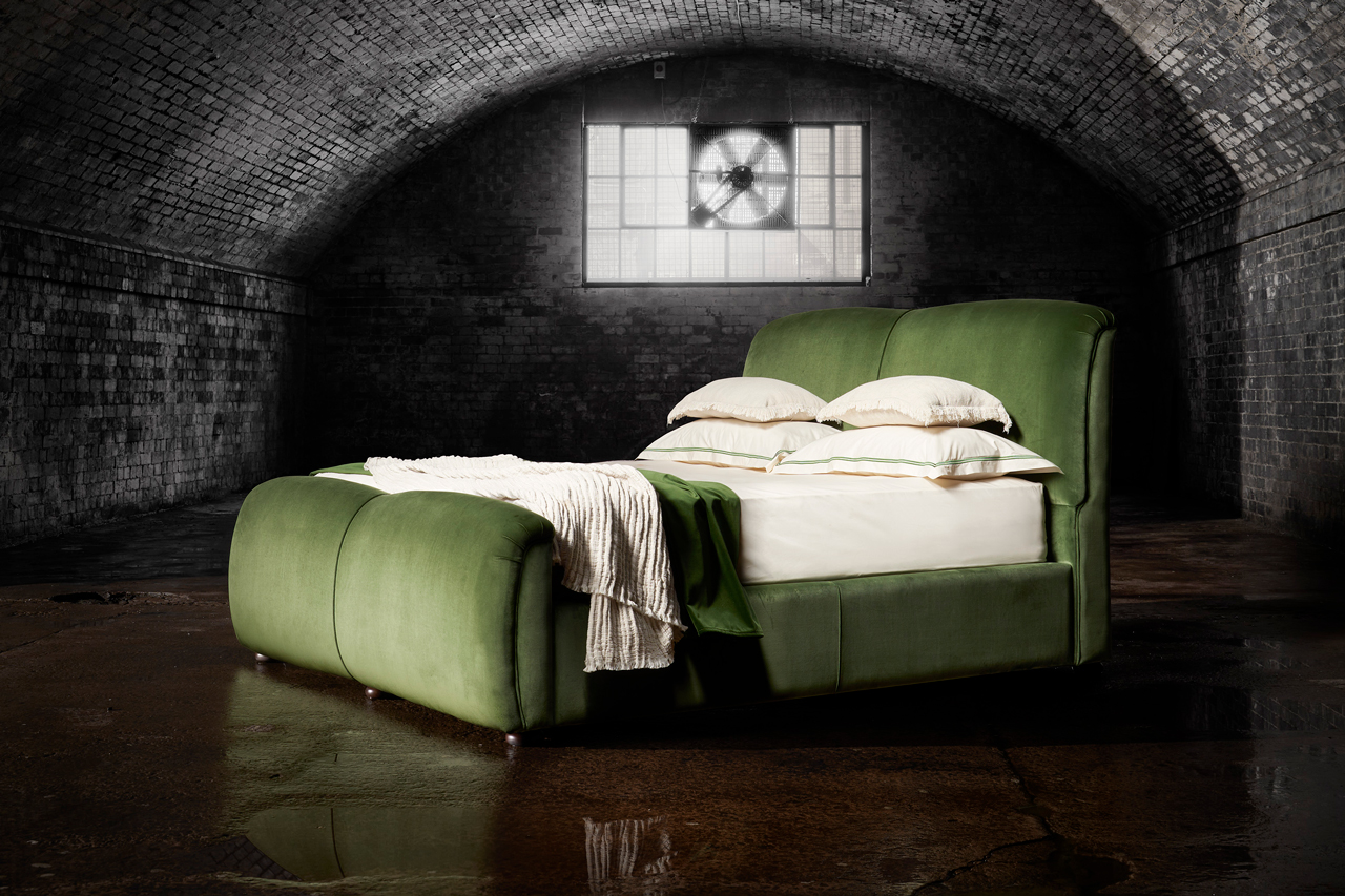 John Bentley luxury velvet bed with harmonious blend of gentle curves and classic upholstery