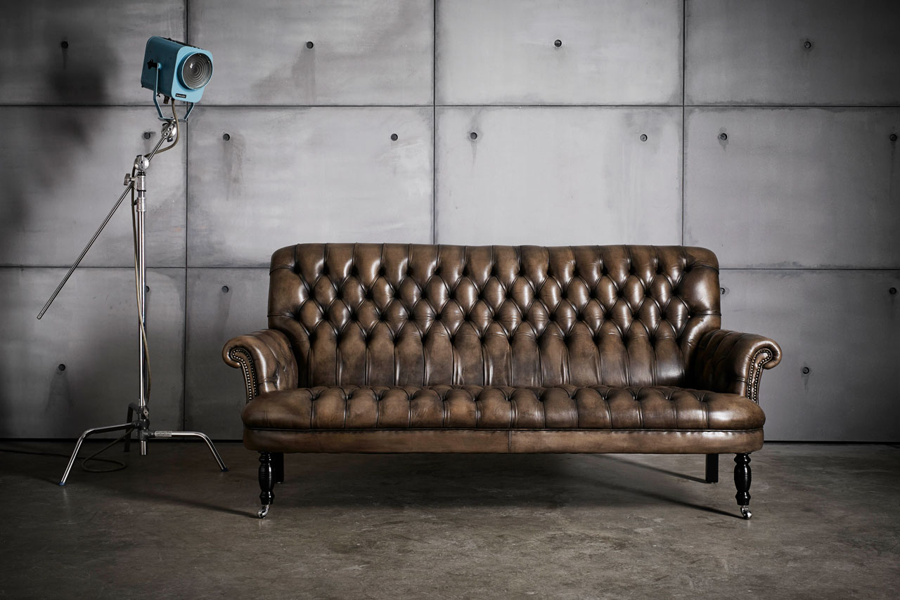 David Hume 3 seater hand coloured small leather tufted sofa
