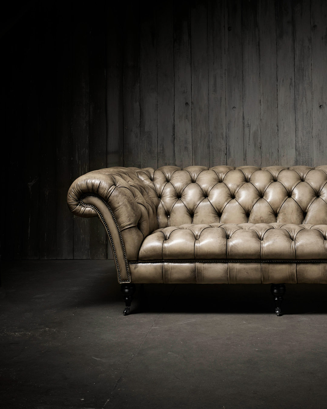 Philip Stanhope monochrome hand-coloured bone leather grand Chesterfield sofa