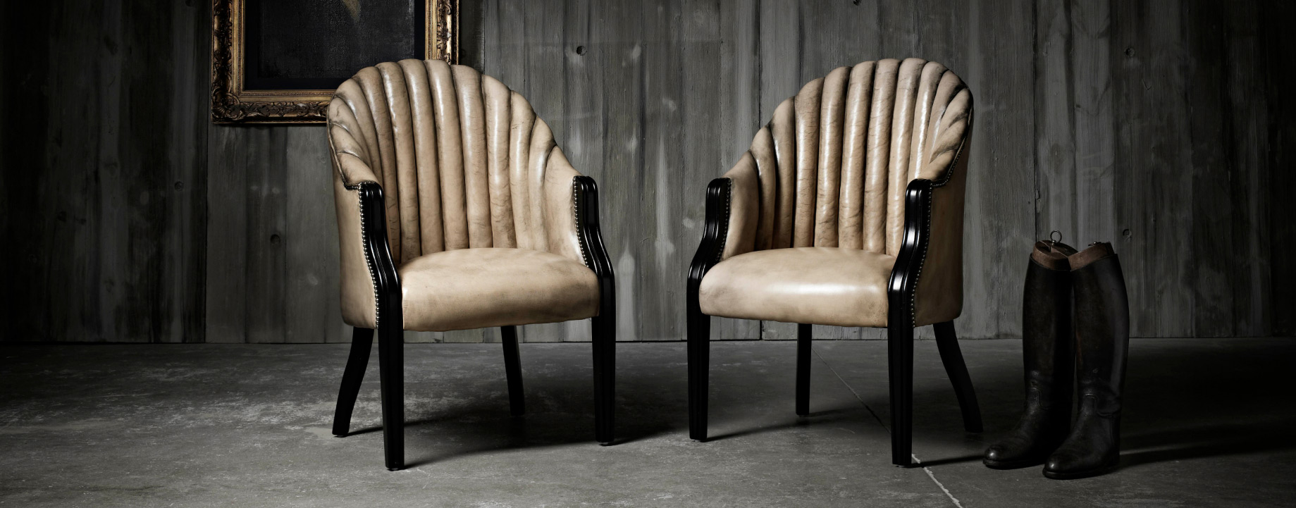 Belvedere barrel shaped fluted modern leather chair with scalloped profile